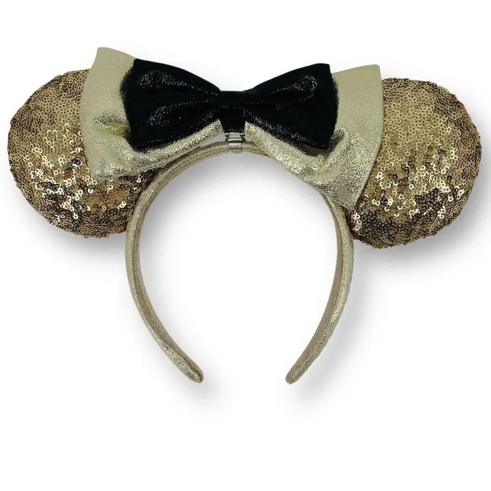 Disney Minnie Mickey Mouse 90th Birthday Sequin Bow Ears Headband Gold Black
